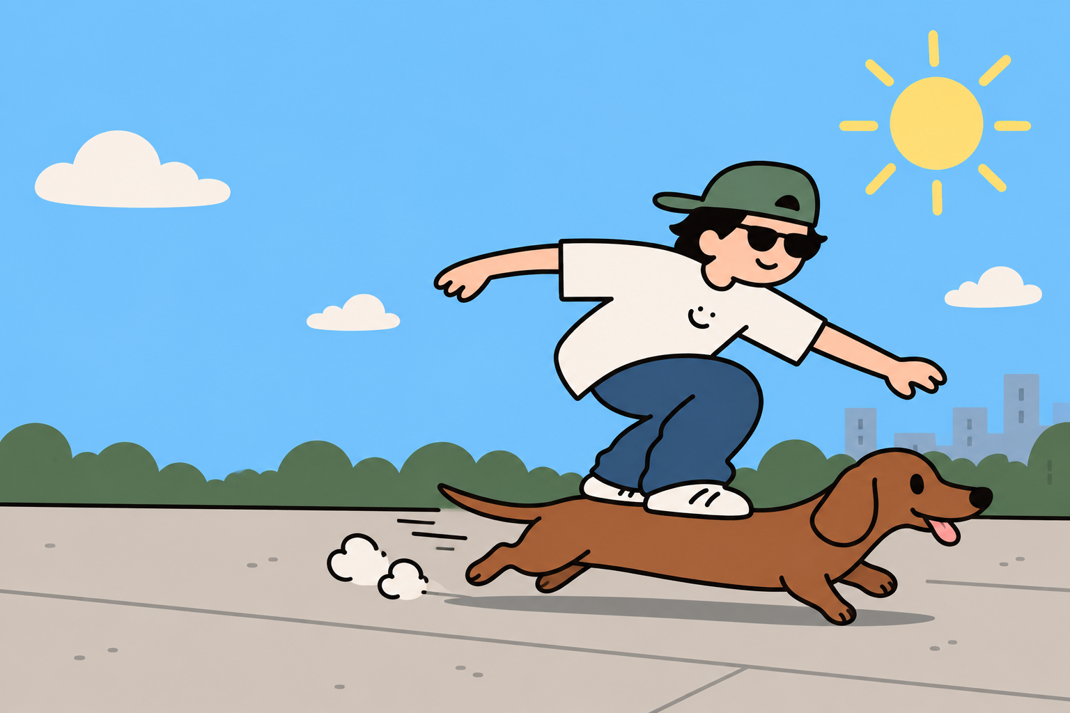 A dachshund and rider cruise down a sunny road on a blue motorcycle